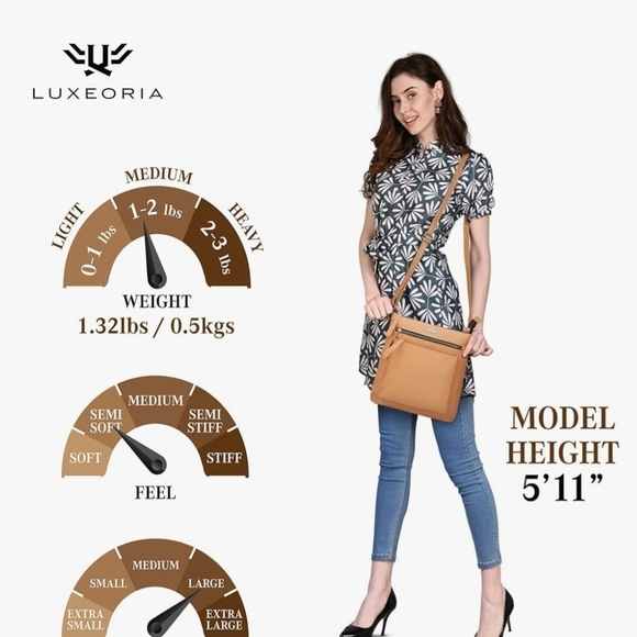 Luxeoria Pebble Grain Leather Crossbody Bag Light Peach Tan Beige Classic Medium - Picture 12 of 16